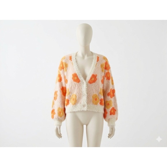 Willow Sweaters - Willow + Root Floral Fuzzy Cardigan Sweater - Talla M - Boho Retro Style.